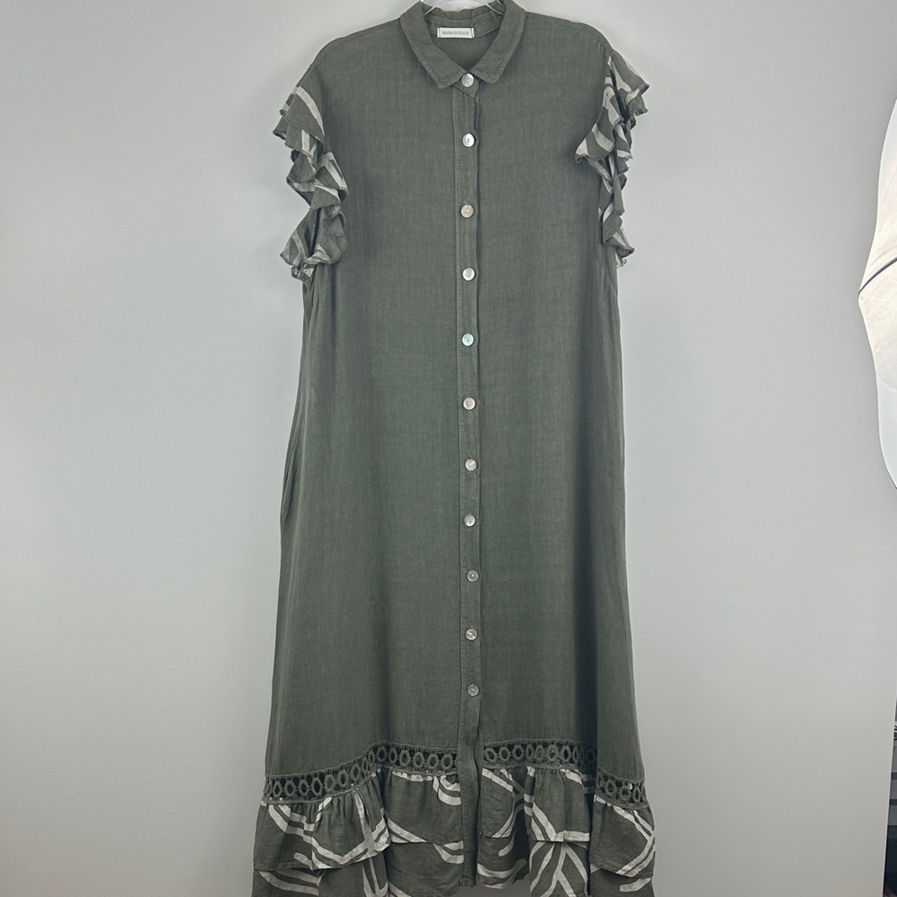 Little Corner Miami 100% Linen Made in Italy Olive Ruffle Button Midi Dress XL - Picture 2 of 11